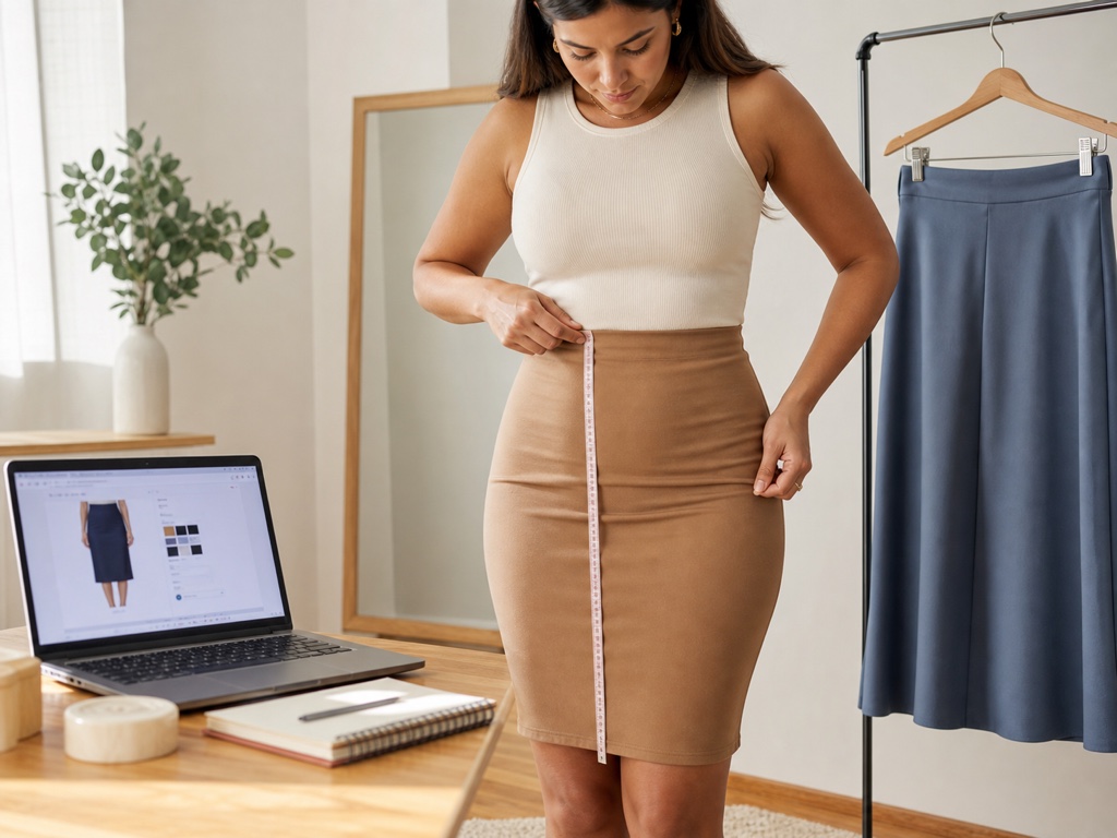Mulher mede o comprimento da saia enquanto compara uma compra online