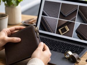 Shopper compares precise stitching and hardware with enlarged online product details