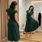The Perfect Silhouette: O Guia para Comprar Vestidos com Caimento Bonito Woman evaluates the drape and silhouette of a flowing green midi dress