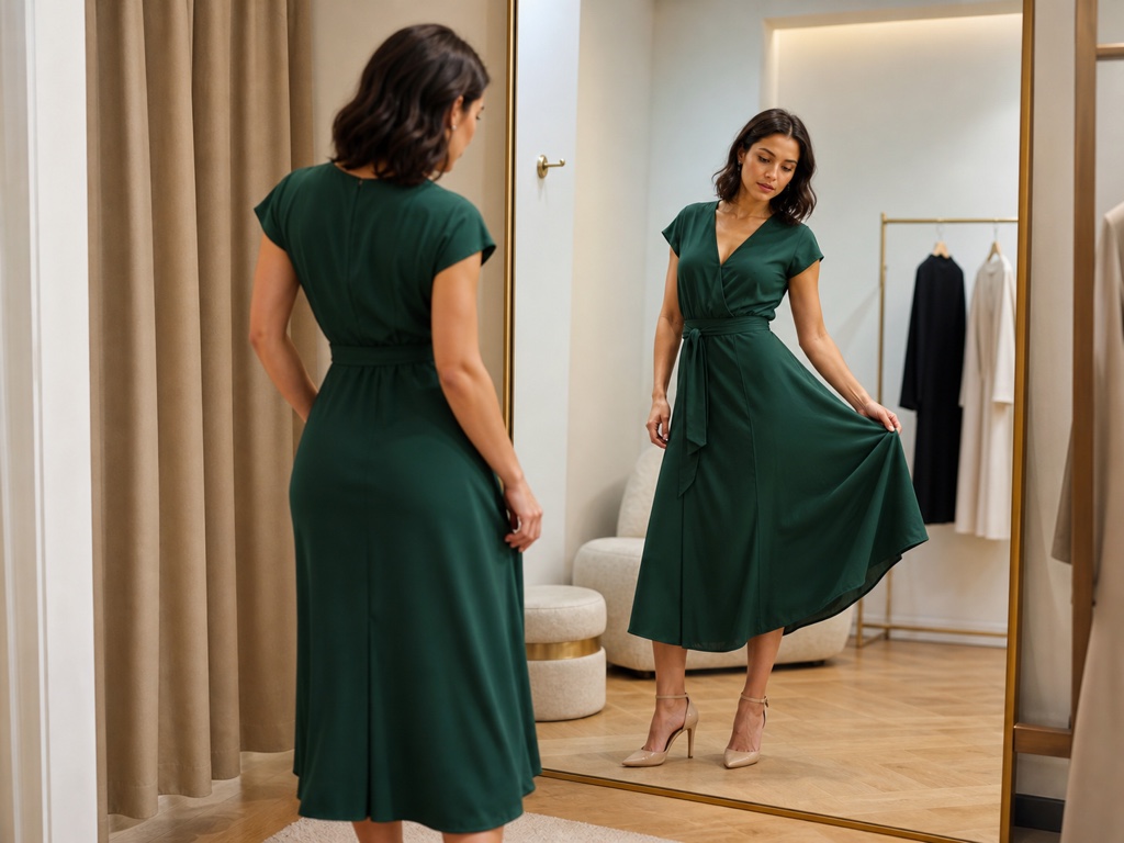Woman evaluates the drape and silhouette of a flowing green midi dress