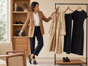 Mulher combina blazer, camisa branca, alfaiataria, trench coat e vestido preto