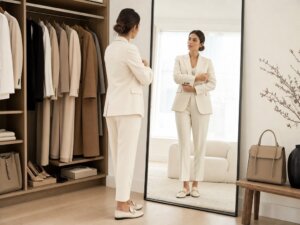 Woman checks the tailored fit of an elegant cream outfit in a mirror