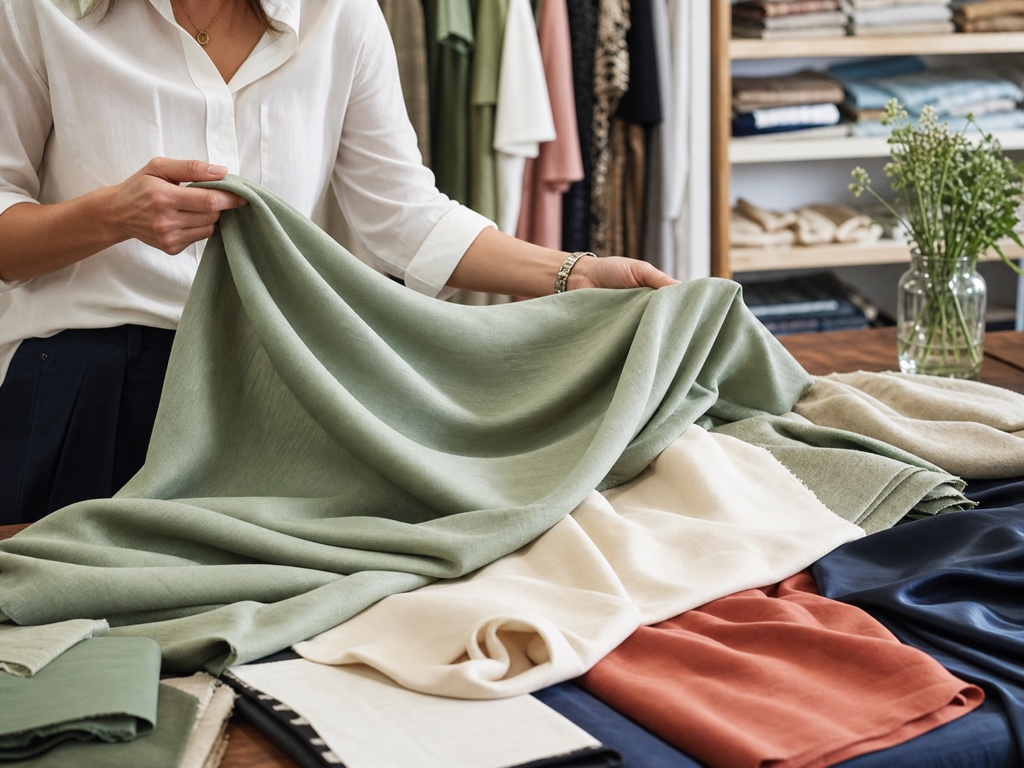 Shopper tests the flowing drape of sage fabric among affordable textile samples