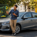 Move Brasil para motoristas: requisitos, limites e como solicitar Motorista profissional comparando opções de financiamento ao lado de um carro