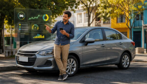 Motorista profissional comparando opções de financiamento ao lado de um carro